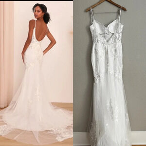 NWOT Everlasting Affection White Lace Tulle Mermaid Maxi Dress